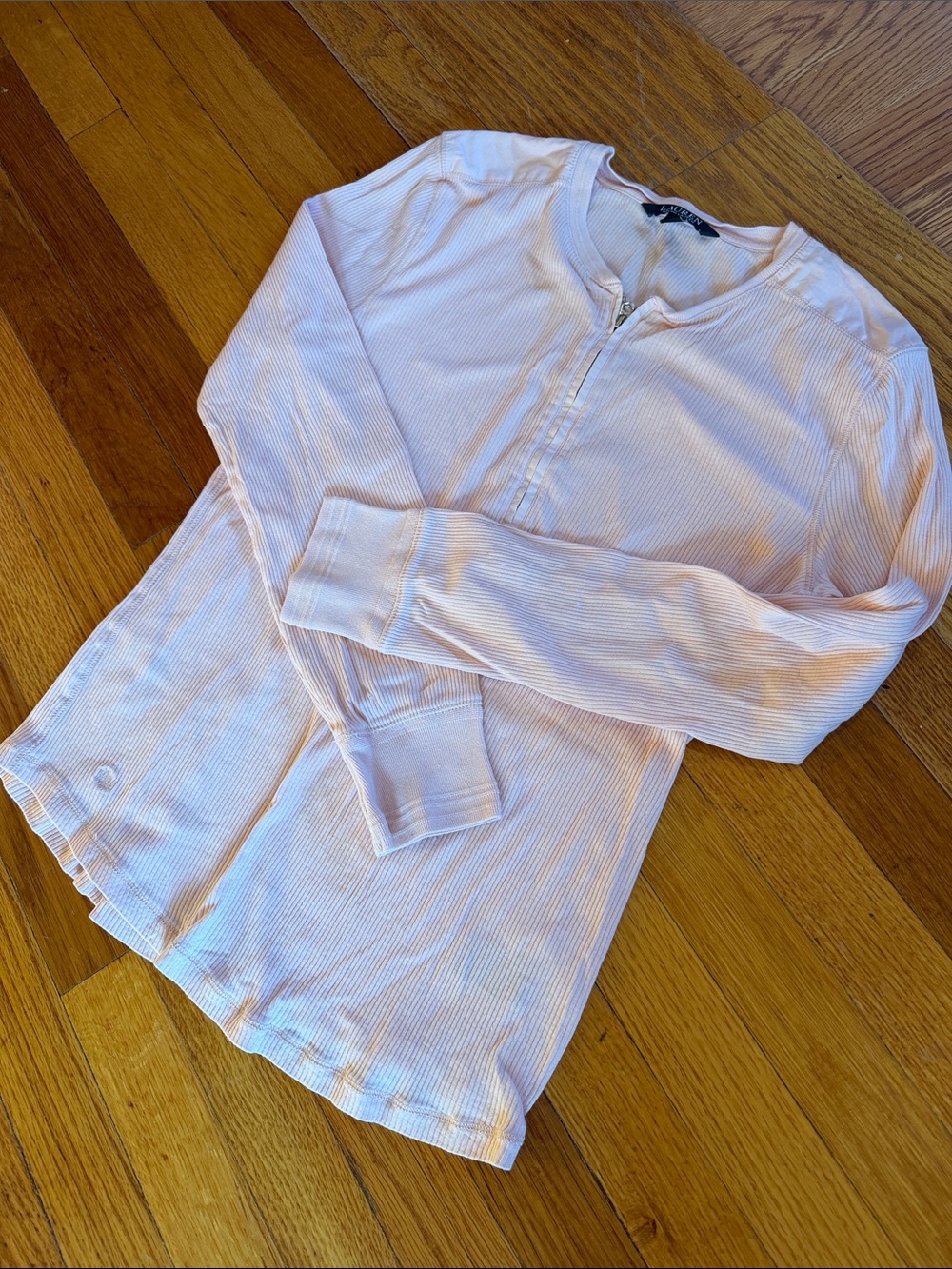 Lauren Ralph Lauren Pale Pink Ribbed Henley Long Sleeve
